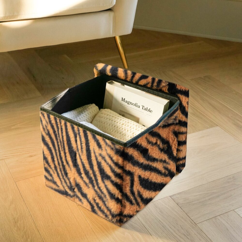 Go-Poufs Knock-Down Small Cube Faux Fur Storage Ottoman |  Tiger Tan/White